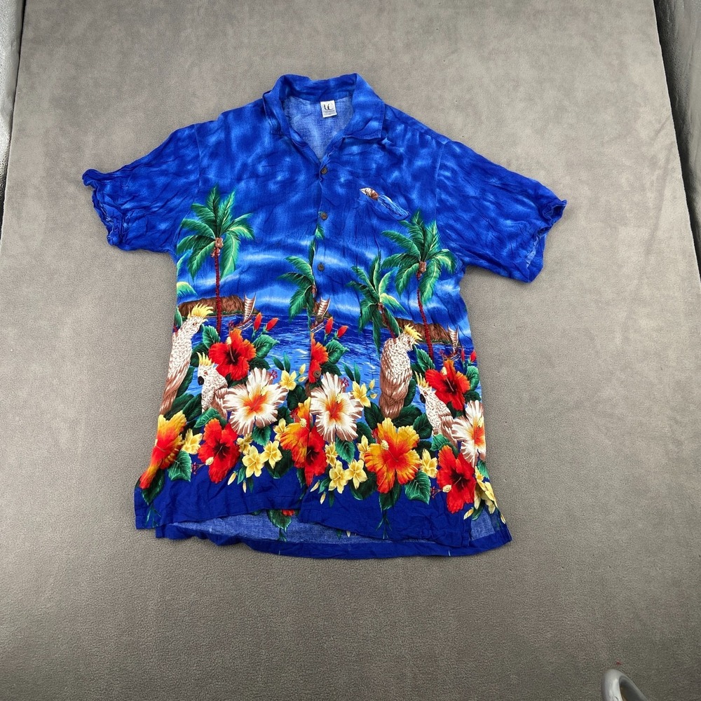 Uluwatu Hawaiian Shirt Mens 2XL Blue Parrot Beach Tropical Floral Button Up